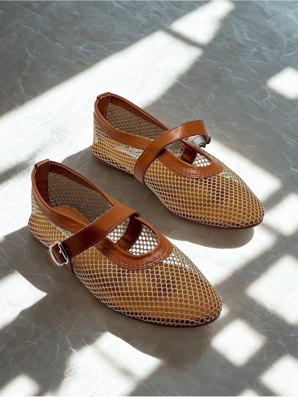 Alaia Ballerina Strap Fishnet Mesh Flats in Combo Beige & Tan Size EU 38